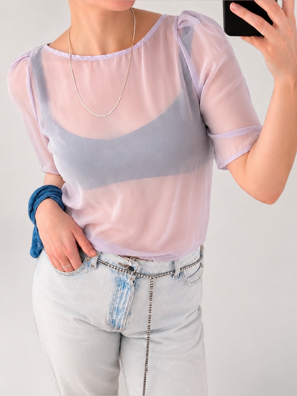 NWOT American Apparel Chiffon Lilac Purple Sheer Puff 3/4 Sleeve Boxy Crop Top S